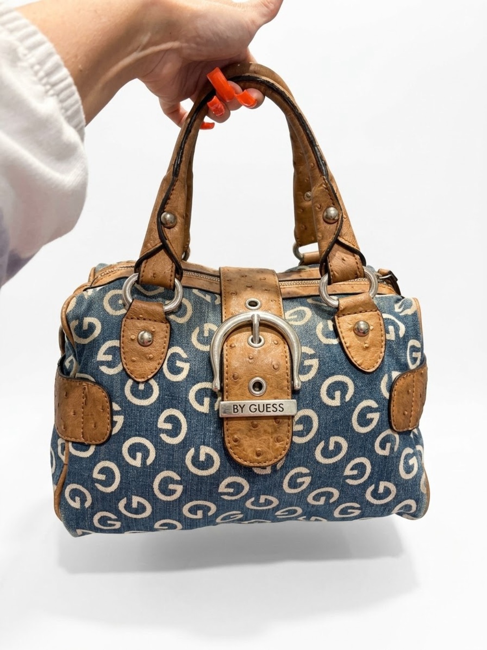 Guess Y2K Vintave Denim Monogram Satchel in Denim Blue with Tan Trim